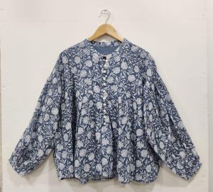 Ladies Navy Blue Printed Cotton Short Kurti
