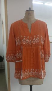 Ladies Orange Cotton Embroidered Short Kurti