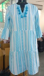 Ladies White and Sky Blue Cotton Midi Dress