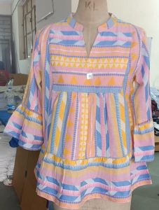 Multicolor V Neck Cotton Short Kurti