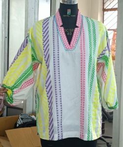V Neck Trendy Multicolor Cotton Short Kurti