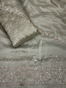 Silver White Salsa Embroidered Dyeable Heavy Hand Work Viscose Fabric