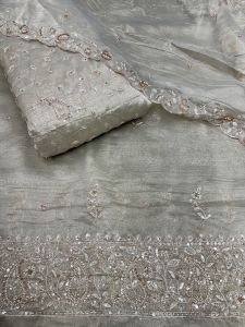 Silver White Salsa Embroidered Dyeable Heavy Hand Work Viscose Fabric