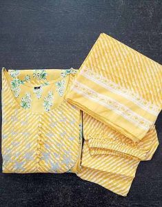Yellow Printed Cotton Anarkali Suit
