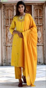 Yellow Embroidered Ladies Cotton Suit Set