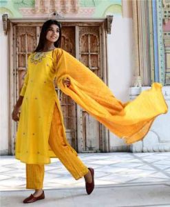 Yellow Embroidered Ladies Cotton Suit Set