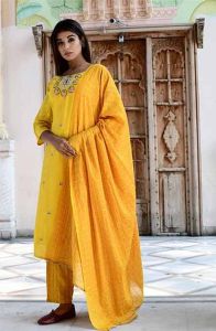Yellow Embroidered Ladies Cotton Suit Set