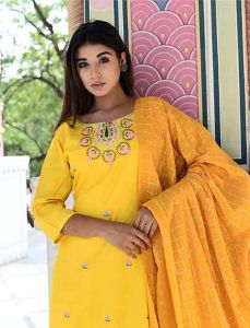 Yellow Embroidered Ladies Cotton Suit Set