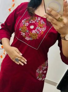Womens Red Embroidered Straight Kurta with Pants &AMP; Set