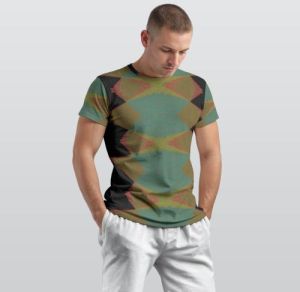 Mens Olive Green Dusty Teal Geometric Diamond Cotton  T Shirt