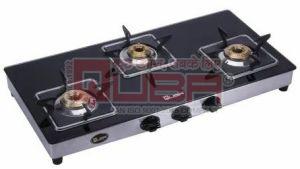 Quba 3 Burner Black Glass Top Square Pan Support Gas Stove
