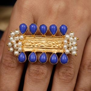 Blue Stone Pearl Gold Plated Statement Ring