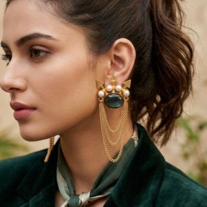 Golden Green Stone Pearl Tassel Earrings