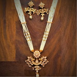 Golden Pearl Beads Floral Kundan Long Necklace Set