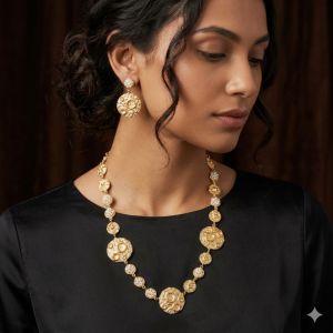 Golden Textured Coin Designer Long Necklace Set