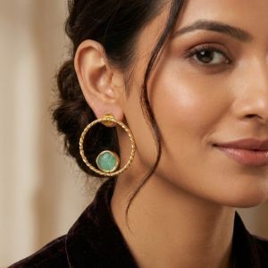 Green Stone Gold Plated Hoop Earrings