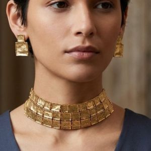 Grid Tile Statement Choker Necklace Set