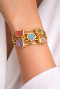 Multi Stone Cluster Golden Layered Cuff Bracelet