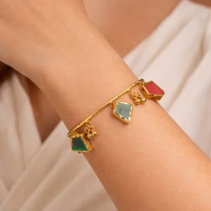 Multi Stone Dangle Golden Open Cuff Bracelet