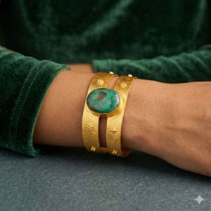 Oval Green Stone Golden Cuff Bracelet