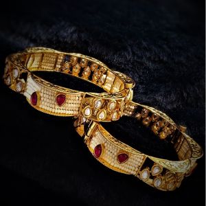 Pearl Inlay Red Stone Gold Tone Bangles