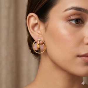 Pink Stone Circular Gold Plated Earrings