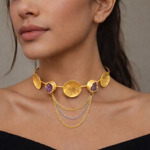 Purple Stone Coin Design Gold Plated Choker Necklace