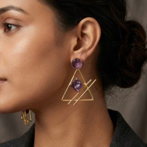 Purple Stone Geometric Gold Plated Drop Earrings