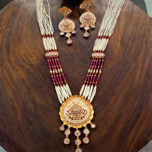 Red &AMP;AMP; White Beads Kundan Pendant Long Necklace Set
