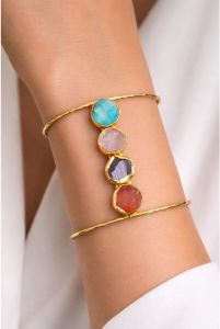 Vertical Multi Stone Golden Open Cuff Bracelet