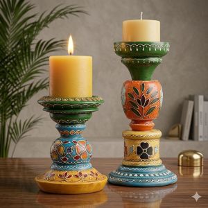 Hand-Painted Floral Mango Wood Candle Holder