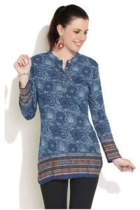 Ladies Blue Printed Satin Short Kurti