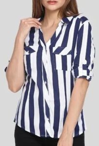 Ladies White and Blue Cotton Striped Shirt