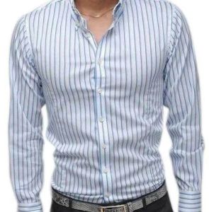 Mens White and Blue Cotton Striped Shirt