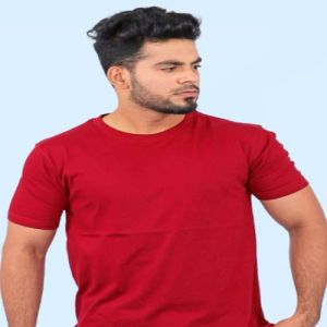 Mens Plain Deep Red Cotton Bio Washed Round Neck T-Shirt