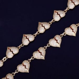 925 Sterling Silver Moissanite Diamonds Studded Broken Heart Cuban Chain