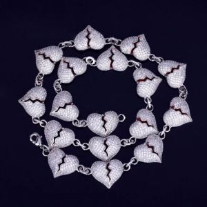 925 Sterling Silver Moissanite Diamonds Studded Broken Heart Cuban Chain
