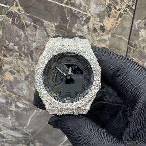 Stainless Steel Half Iced Moissanite Diamond Rubber Strap Watch