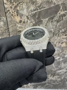 Stainless Steel Half Iced Moissanite Diamond Rubber Strap Watch