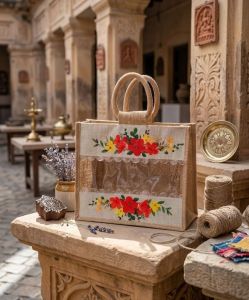 Brown Jute Printed Tote Bag