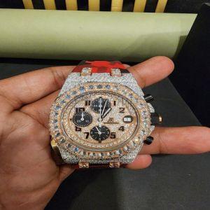 Chronograph Moissanite Diamond Watch With Red Rubber Belt