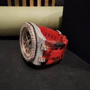Chronograph Moissanite Diamond Watch With Red Rubber Belt