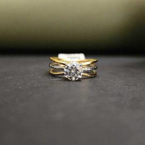 Exclusive Three Row Yellow Gold Round Cut Engagement Ring