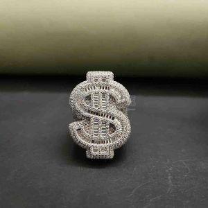 Mens Sterling Silver 925 Dollar Sign Moissanite Diamond Ring