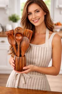 Premium Wooden Kitchen Utensil Set with Holder