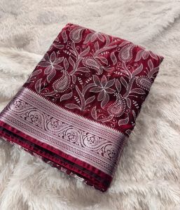 Maroon Chikankari Work Banarasi Satin Silk Saree