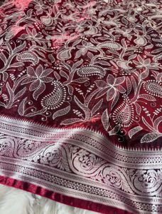 Maroon Chikankari Work Banarasi Satin Silk Saree