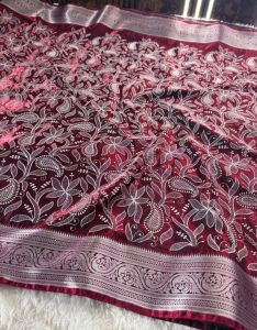 Maroon Chikankari Work Banarasi Satin Silk Saree
