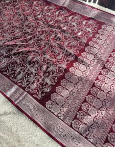Maroon Chikankari Work Banarasi Satin Silk Saree