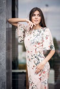 Ladies Beige Floral Bodycon Midi Dress